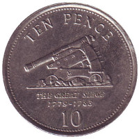 Большая осада Гибралтара. Пушка. Монета 10 пенсов. 2006 год, Гибралтар.