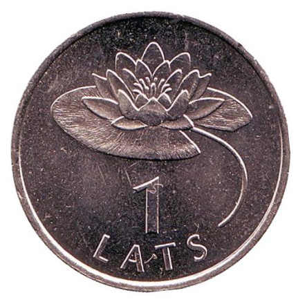 Монета 1 лат, 2008 год, Латвия. Водяная лилия.