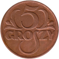 Монета 5 грошей. 1935 год, Польша. Монета 5 грошей. 1935 год, Польша.