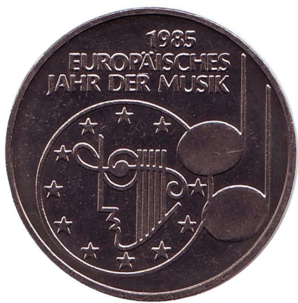 Монета 5 марок. 1985 год, ФРГ. Европейский год музыки.