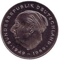 Теодор Хойс. Монета 2 марки. 1983 год (F), ФРГ. UNC.