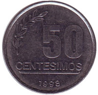 Монета 50 сентесимо. 1998 год, Уругвай.