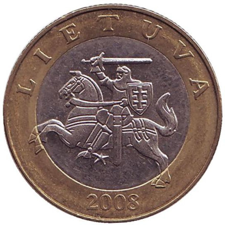Монета 2 лита. 2008 год, Литва. Из обращения. Рыцарь.