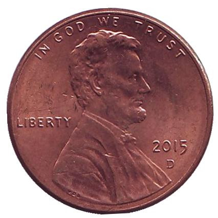Монета 1 цент. 2015 год (D), США.