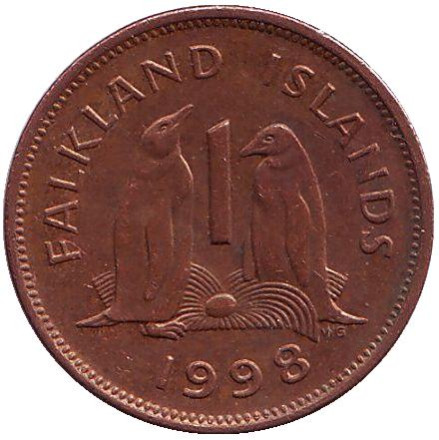 Монета 1 пенни. 1998 год, Фолклендские острова. Субантарктические пингвины.