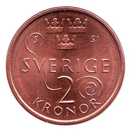 Монета 2 кроны. 2016 год, Швеция. Новый дизайн. Из обращения. Король Карл XVI Густав.