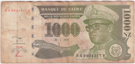 Банкнота 1000 новых заиров. 1995 год, Заир. Мобуту Сесе Секо. Тип 2.