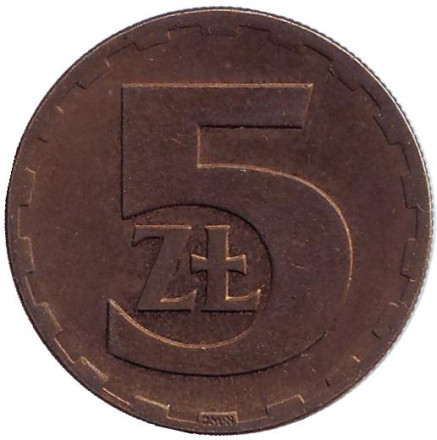 Монета 5 злотых. 1975 год, Польша.