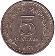 Монета 5 сентаво. 1957 год, Аргентина. Монета 5 сентаво. 1957 год, Аргентина.