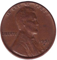 Линкольн. Монета 1 цент. 1951 год (D), США.