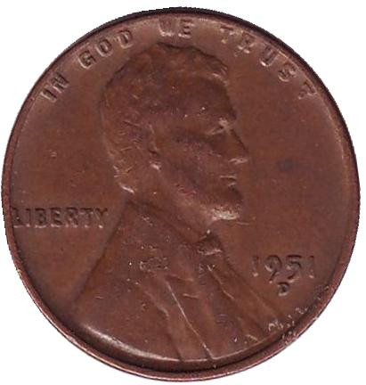 Монета 1 цент. 1951 год (D), США. Линкольн.