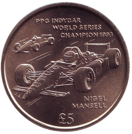 Монета 5 фунтов. 1994 год, Остров Мэн. Найджел Мэнселл. Чемпион американских автогонок "Индикар" 1993 года.