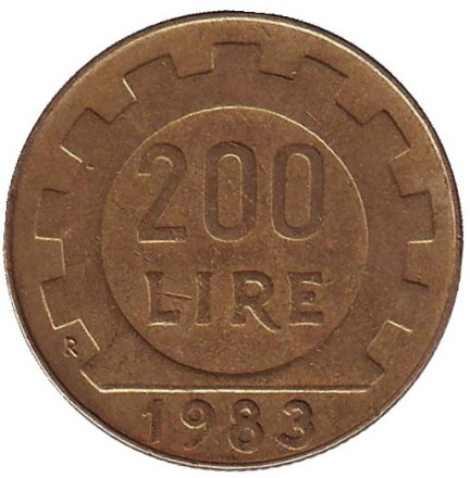 Монета 200 лир. 1983 год, Италия.