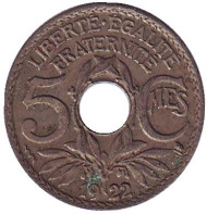 Монета 5 сантимов. 1922 год, Франция. (молния) Монета 5 сантимов. 1922 год, Франция. (молния)