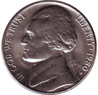 Джефферсон. Монтичелло. Монета 5 центов. 1980 год (D), США.