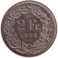 Гельвеция. Монета 2 франка. 1993 (B) год, Швейцария.