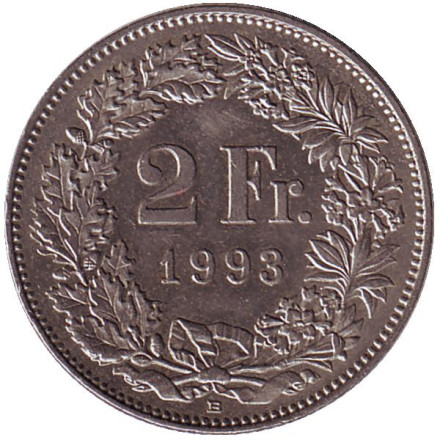 Монета 2 франка. 1993 (B) год, Швейцария. Гельвеция.