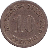 Монета 10 пфеннигов. 1889 год (F), Германская империя.