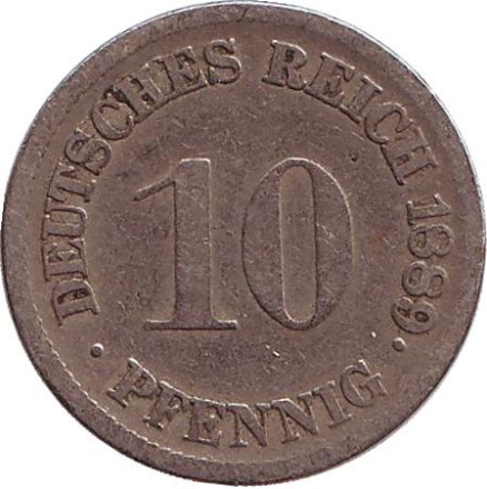 Монета 10 пфеннигов. 1889 год (F), Германская империя.