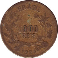 Монета 1000 рейсов. 1924 год, Бразилия.