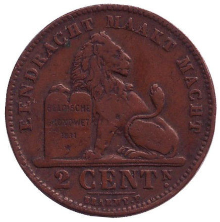 Монета 2 сантима. 1909 год, Бельгия. (Der Belgen)