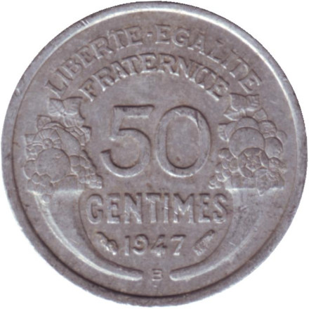 Монета 50 сантимов. 1947 год, Франция. (Монетный двор - "B").