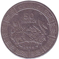 Монета 50 франков. 2006 год, Центральные Африканские Штаты. Из обращения. Монета 50 франков. 2006 год, Центральные Африканские Штаты. Из обращения.