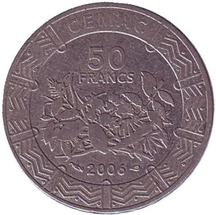 Монета 50 франков. 2006 год, Центральные Африканские Штаты. Из обращения.