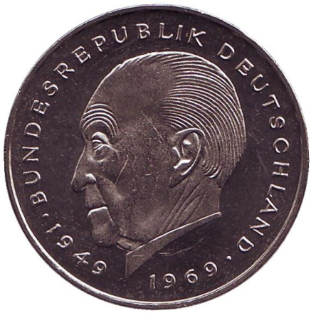 Монета 2 марки. 1983 год (F), ФРГ. UNC. Конрад Аденауэр.