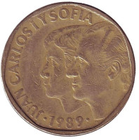 Хуан Карлос I и София. Монета 500 песет. 1989 год, Испания.