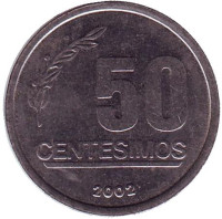 Монета 50 сентесимо. 2002 год, Уругвай.