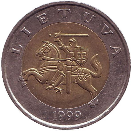Монета 5 литов, 1999 год, Литва. Из обращения. Рыцарь.