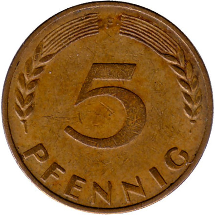 Монета 5 пфеннигов. 1970 год (F), ФРГ. Дубовые листья.