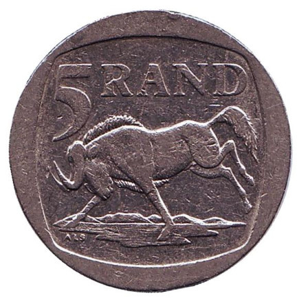 Монета 5 рандов. 1994 год, ЮАР. Антилопа гну.