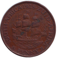 Монета 1 пенни. 1928 год, Южная Африка. Корабль "Дромедарис". Монета 1 пенни. 1928 год, Южная Африка. Корабль "Дромедарис".