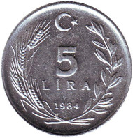 Монета 5 лир. 1984 год, Турция. Монета 5 лир. 1984 год, Турция.