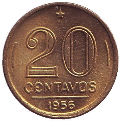 Монета 20 сентаво. 1956 год, Бразилия. UNC.