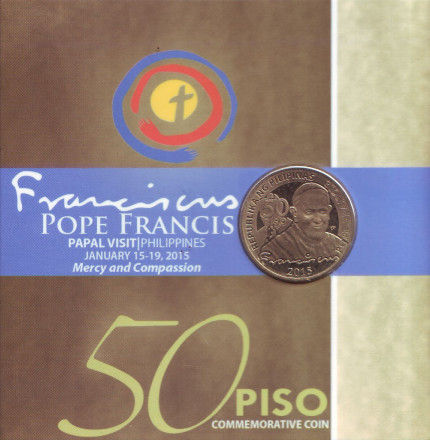 Монета 50 песо. 2015 год, Филиппины. Визит папы римского Франциска.