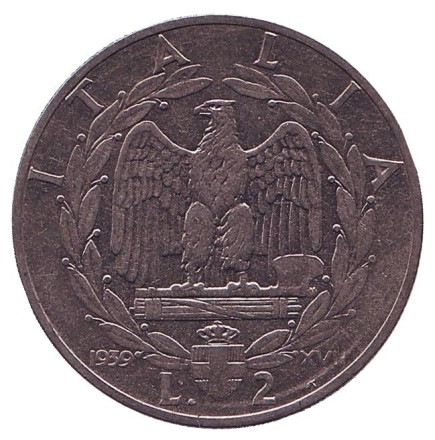 Монета 2 лиры. 1939 год (XVII), Италия. (магнитная)