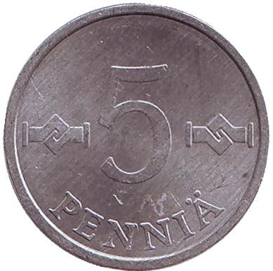 Монета 5 пенни. 1984 год, Финляндия.