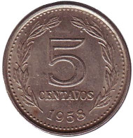Монета 5 сентаво. 1958 год, Аргентина. Монета 5 сентаво. 1958 год, Аргентина.