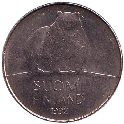 Монета 50 пенни. 1992 год, Финляндия. Медведь.