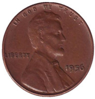 Линкольн. Монета 1 цент. 1956 год (P), США.