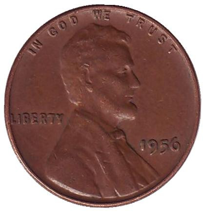Монета 1 цент. 1956 год (P), США. Линкольн.