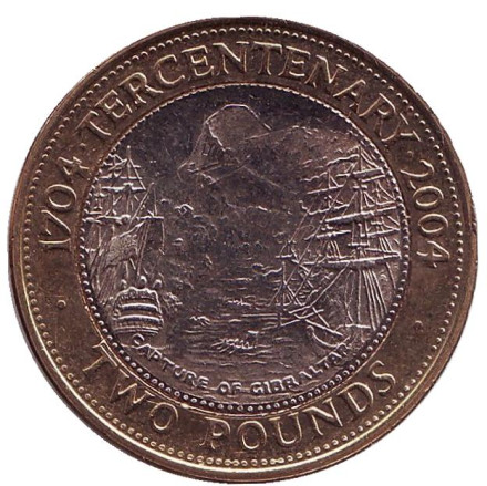 Монета 2 фунта. 2004 год, Гибралтар. 300 лет захвату Гибралтара.