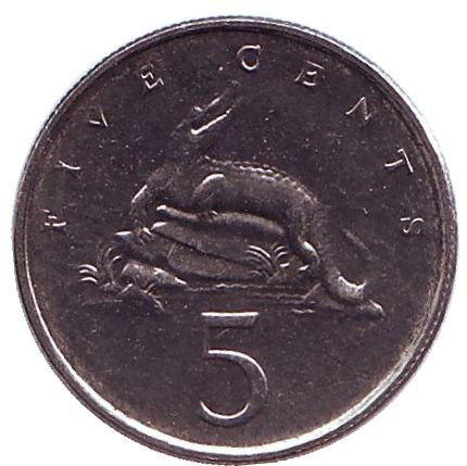 Монета 5 центов. 1991 год, Ямайка. Острорылый крокодил.