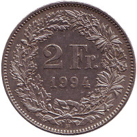 Гельвеция. Монета 2 франка. 1994 (B) год, Швейцария.