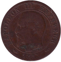 Наполеон III. Монета 5 сантимов. 1853 год (A), Франция.
