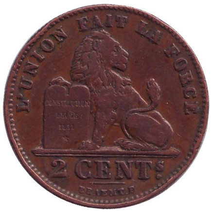 Монета 2 сантима. 1911 год, Бельгия. (Des Belges)