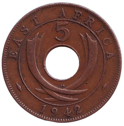 Монета 5 центов. 1942 год, Восточная Африка. (Отметка монетного двора: "SA" - Претория)